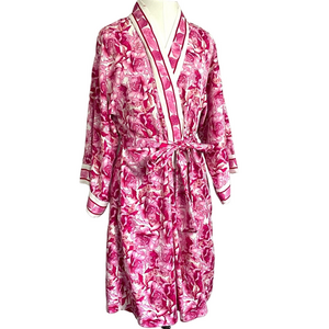 Natori Pink Roses Floral Satin Robe & Slip Dress Set - Small, 2-Piece
